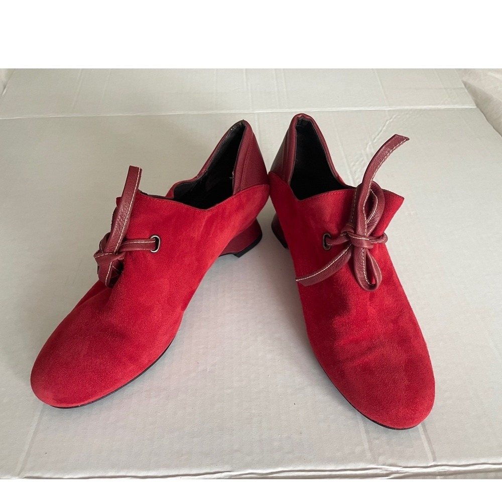 Audley London Red Suede Lace Up Whimsical Colorful Low Heel Booties-US 8/38.5